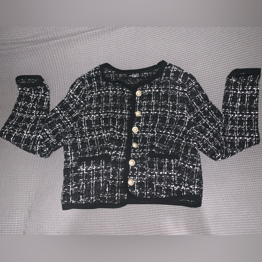 Shein plaid black and white cropped jacket